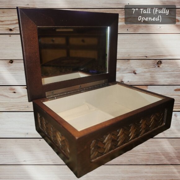 Vintage Wood & Wicker Rattan Jewelry Box Organizer with Mirror - Picture 1 of 8
